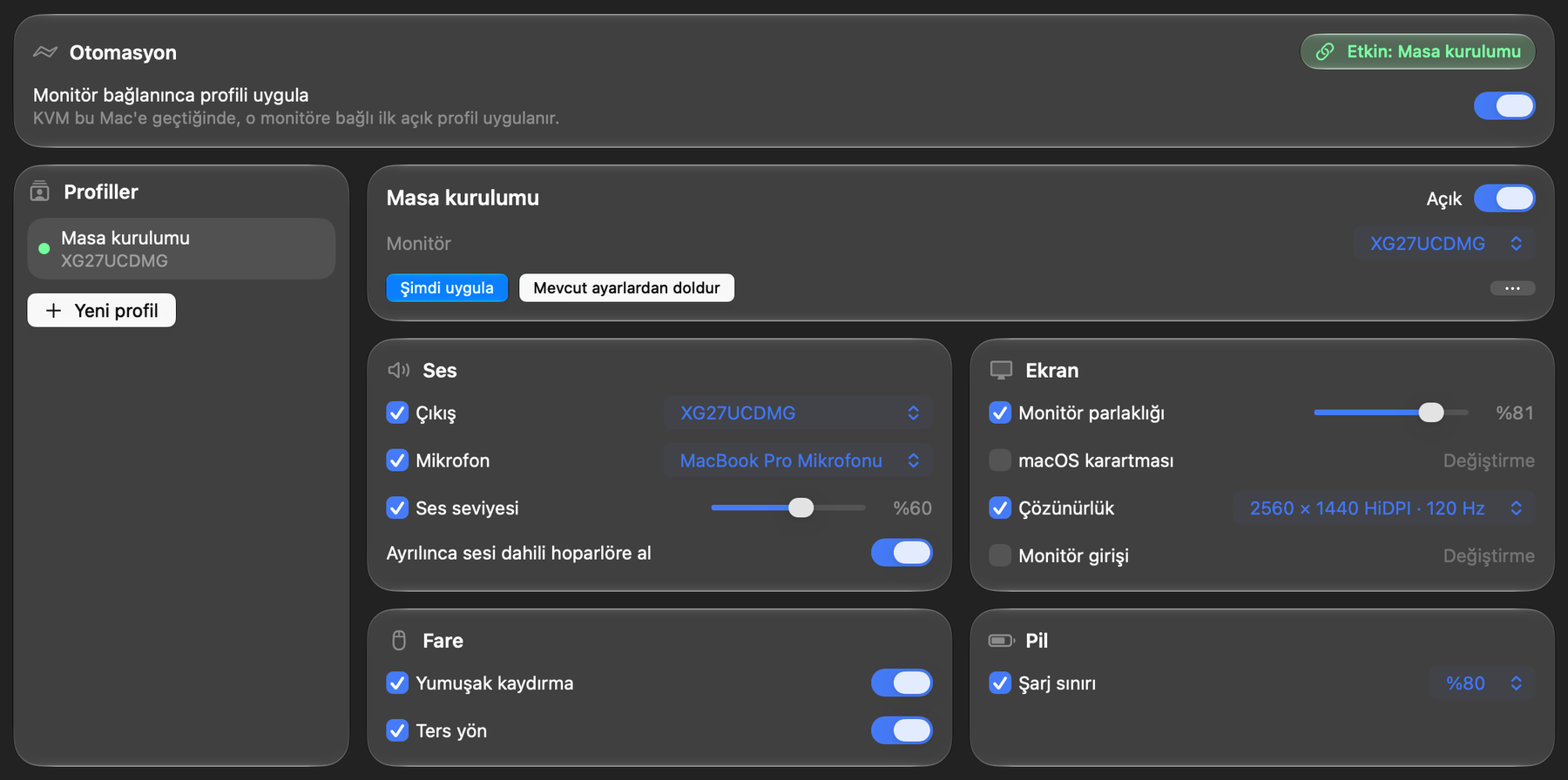 KVM Profili: Masa kurulumu profili; ses çıkışı XG27UCDMG, monitör parlaklığı %81, çözünürlük 2560×1440 HiDPI, fare ve şarj sınırı ayarları